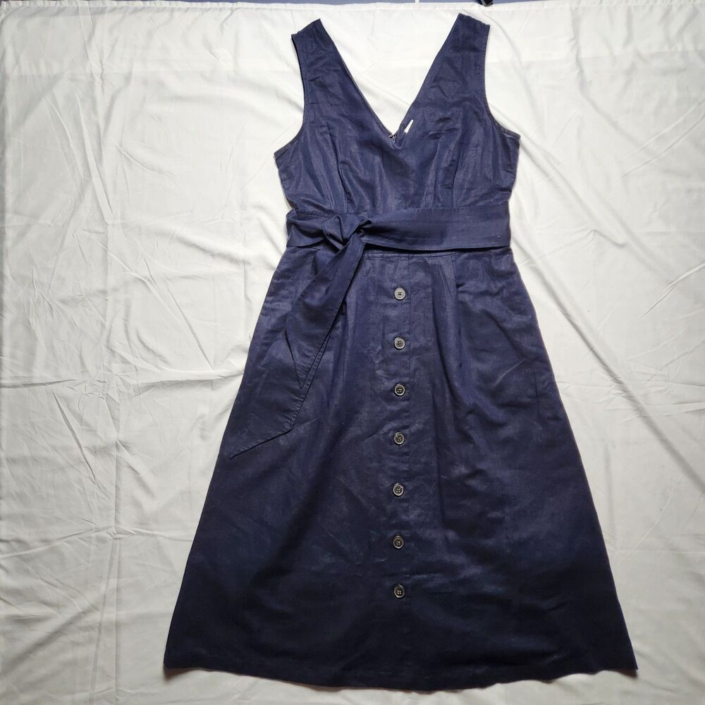 Gap Womens 4 Linen Blend Belted Midi Button Front Sleeveless Dress Blue Navy